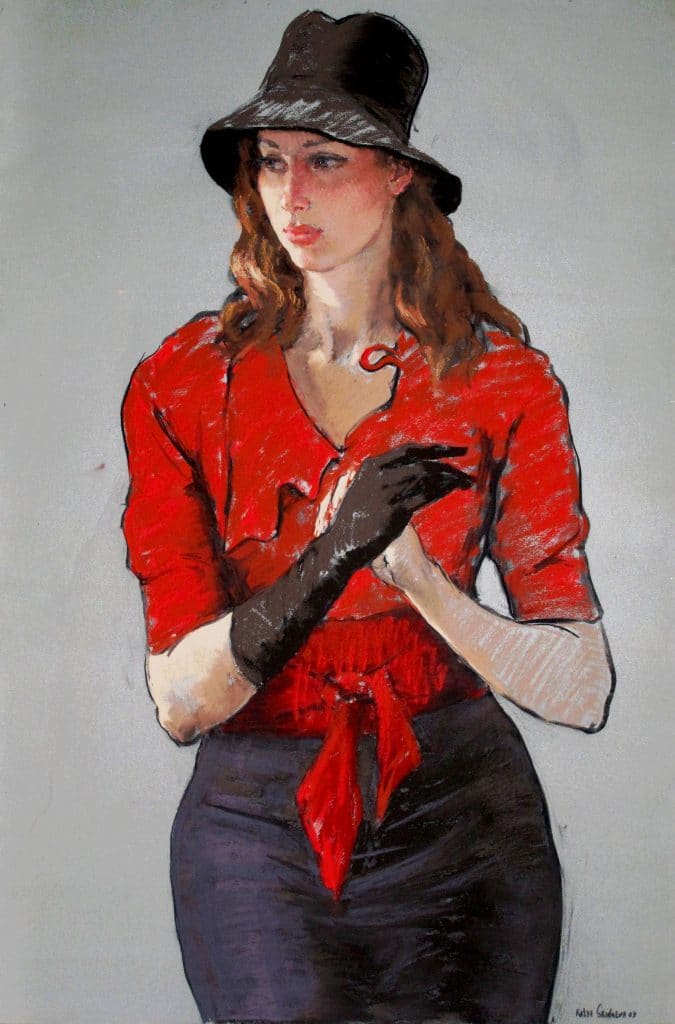 Lady in red with black hat