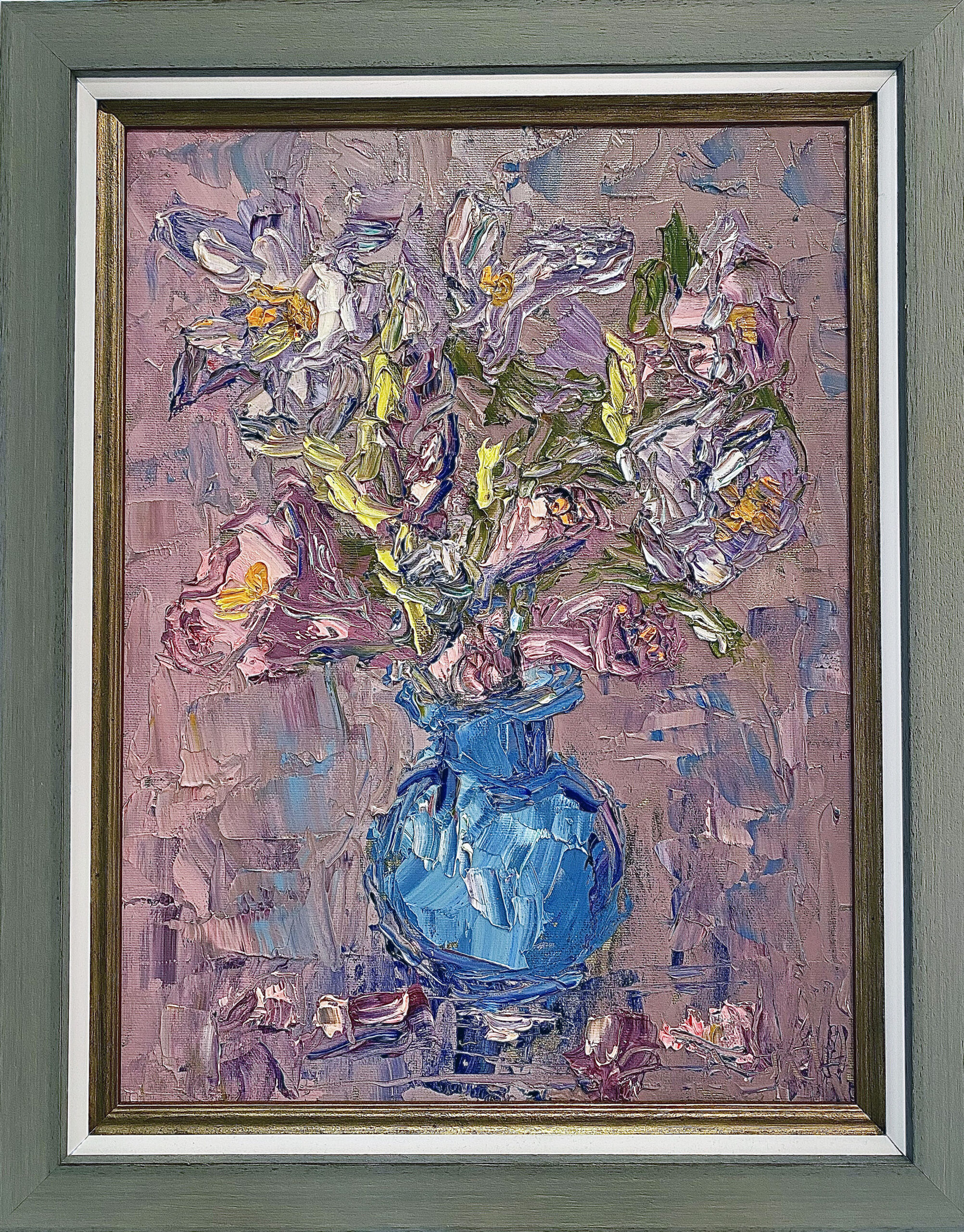 still life study pink flower in blue vase